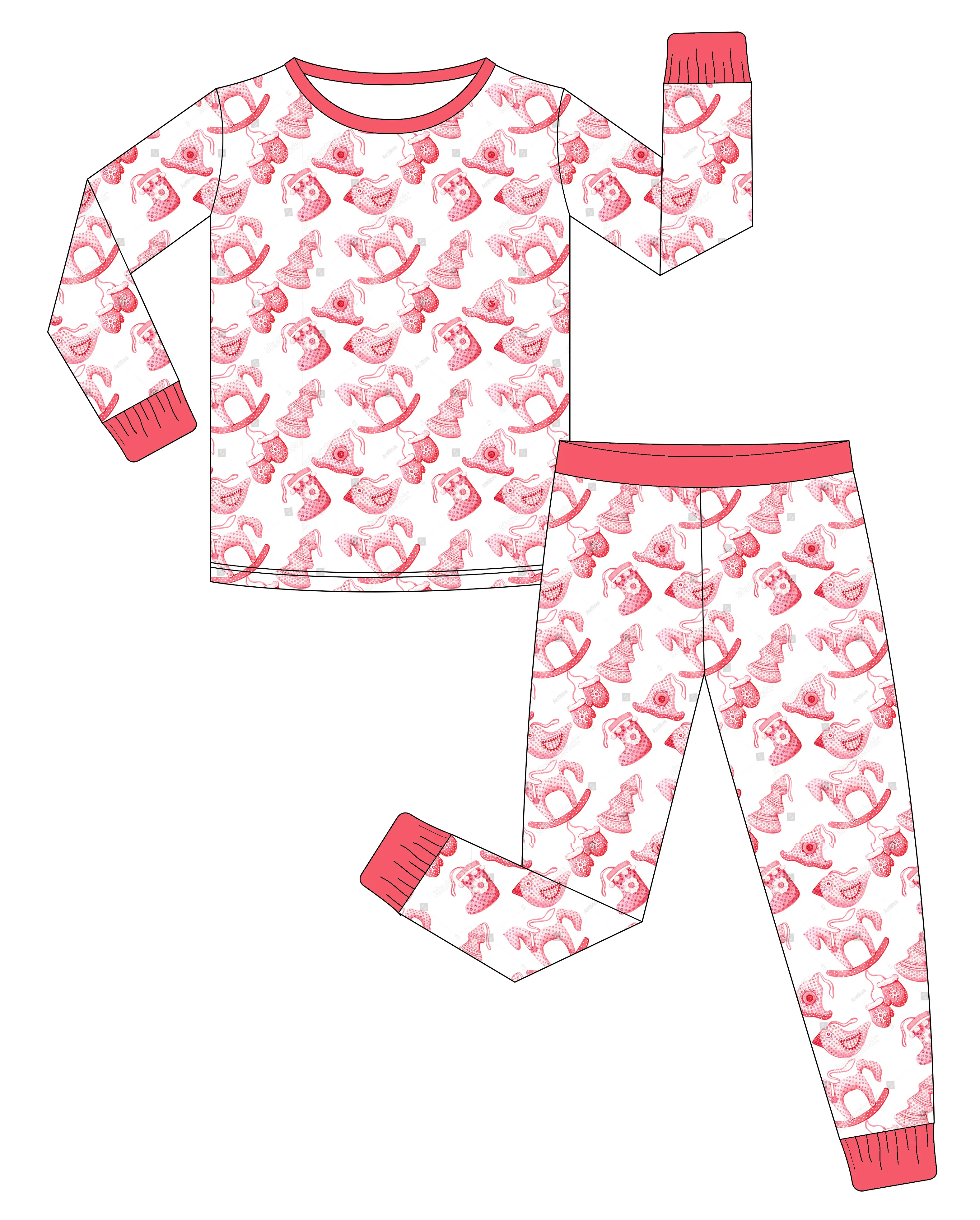 Nuovo design natale babbo natale modello cavallo comodi vestiti per bambini in bambù manica lunga 2 pezzi set