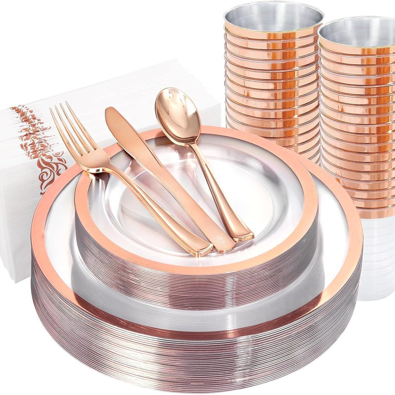 Tazza d'acqua con bordo in oro rosa + coltello, forchetta, cucchiaio + tovagliolo di carta