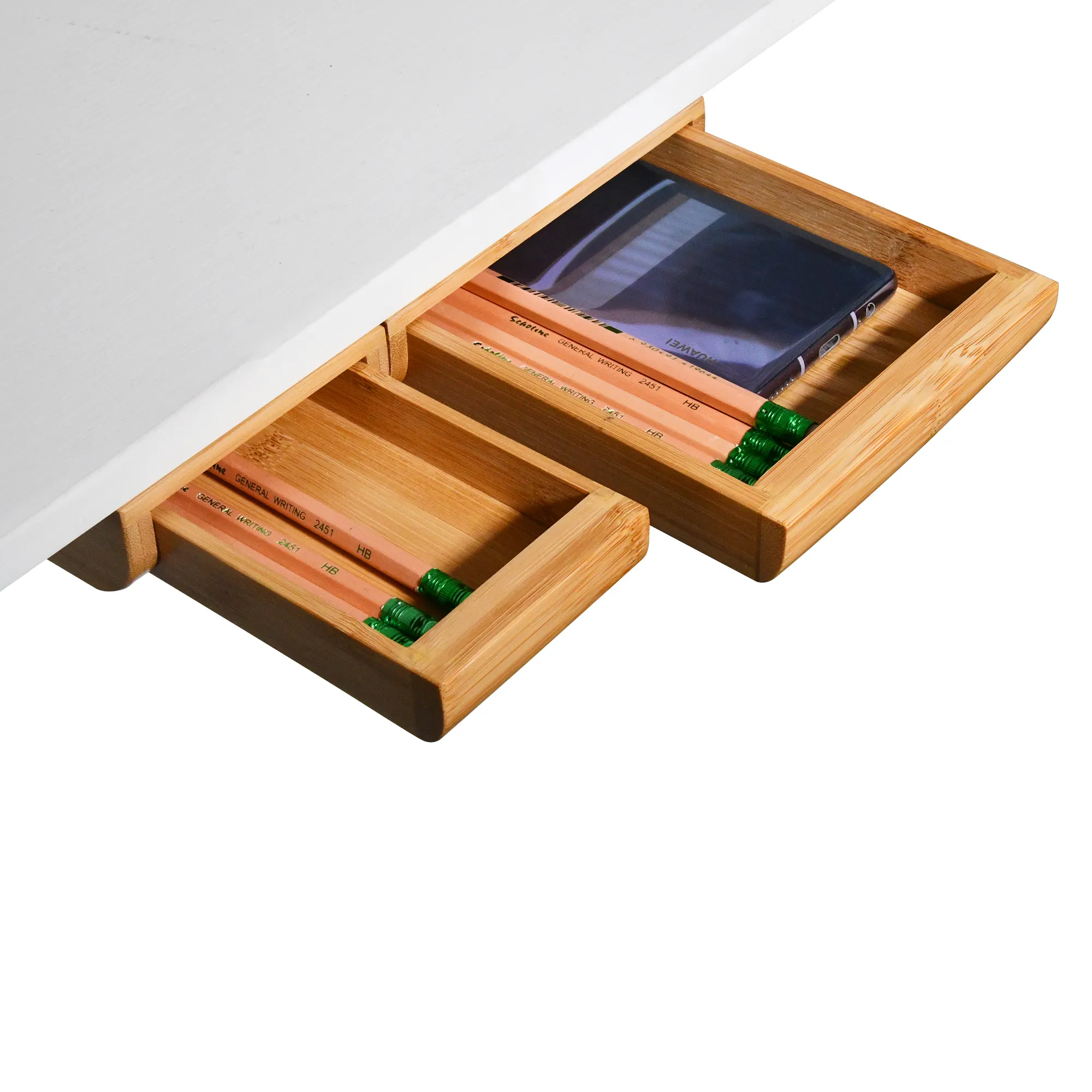 2 Pack Under Desk Drawer Bamboo Slide Out Desk Drawer Attachment Self-Adhesive Under Desk Storage for Organizer