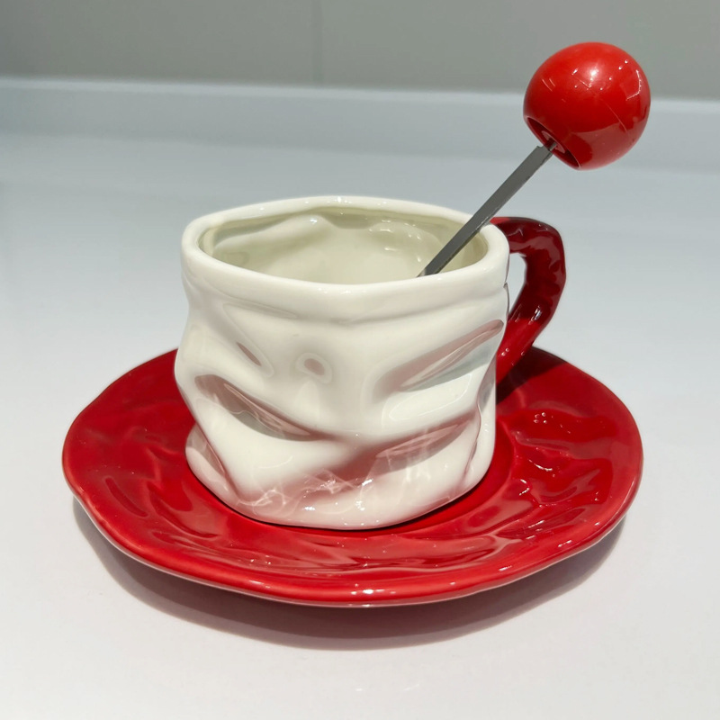 Pleated coffee cup and saucer-red-200ml