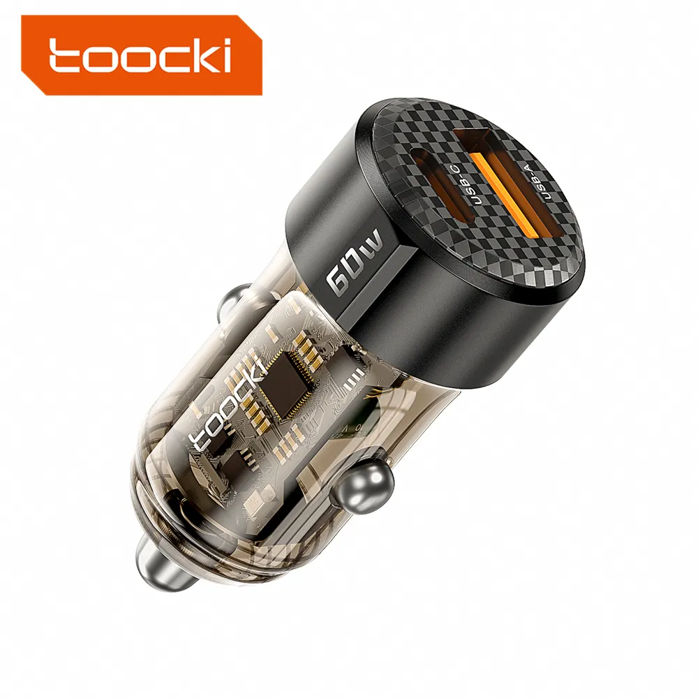 Toocki 2024 mini 60W Dual Port A+C Transparent usb pd qc 3.0 fast car charger for xiaomi mobile phone charger