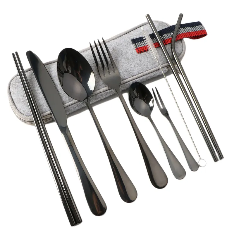 9 Cái Đũa Đồ Dùng Set Fork Knife Spoon Straw Tái Sử Dụng Thép Không Gỉ Dao Kéo Set Với Túi Du Lịch