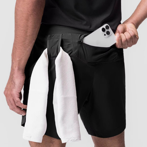 健身跑裤侧开叉4向弹力透气涤纶网布2合1男士健身短裤 - Product Image 1