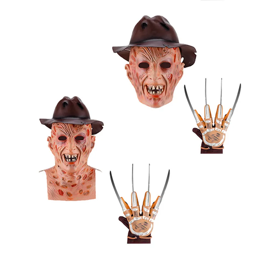 Disfraz de baile con capucha Freddy Krueger látex con máscara a juego guantes sombrero Bar para fiesta de Halloween o suministros para fiesta de Navidad 03