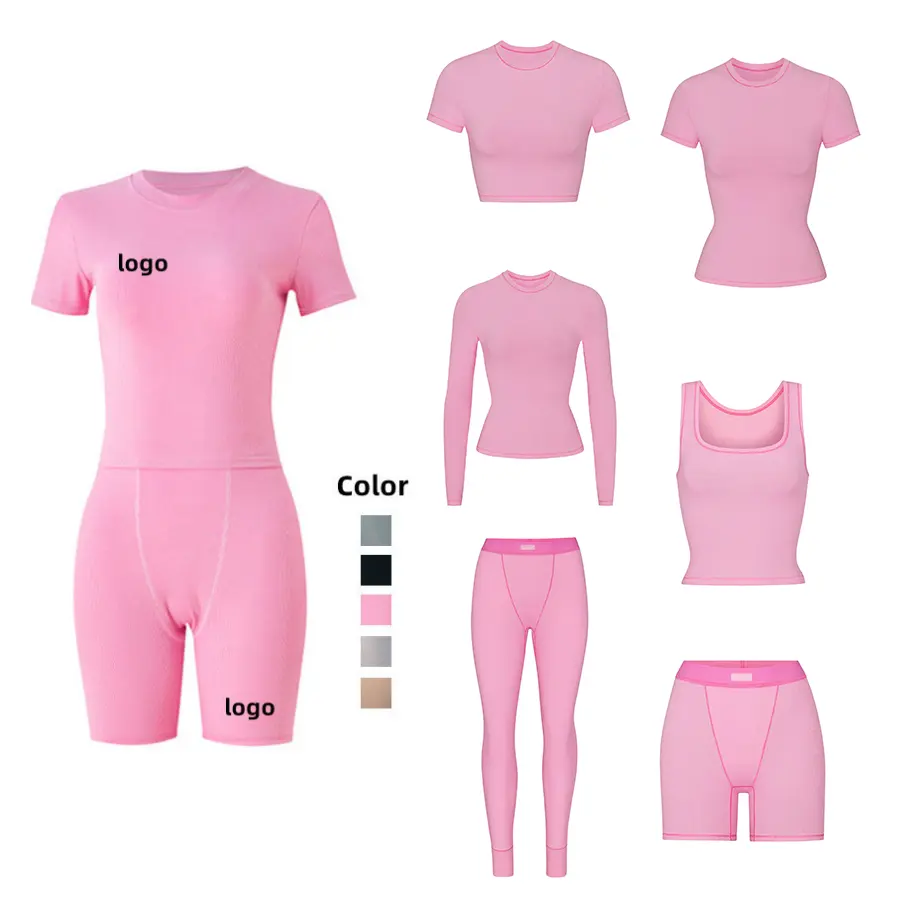 Set corto da allenamento lavorato a maglia con Logo personalizzato per donna Set da due 2 pezzi abbigliamento donna primavera 2023 Set di abbigliamento da casa abbinato donna estate