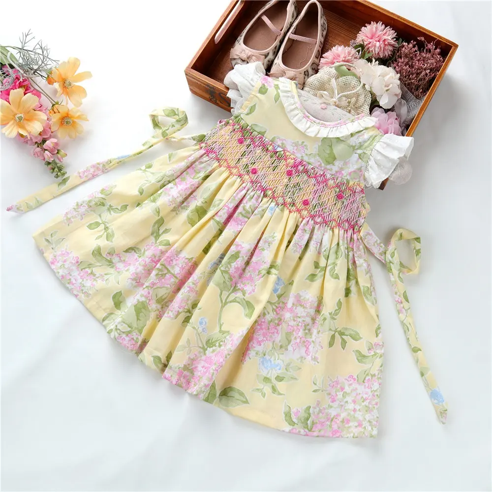 C042164 summer girls boutique smock dresses yellow floral baby clothes cotton fancy hand made children frock wholesale