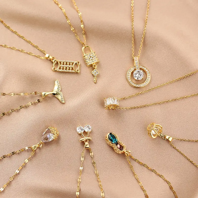 Exquisite jewelry Stainless Steel Diamond Fishtail Key Peanut Crown Zircon Cherry Variety 18k Gold Necklace Kolye For Women