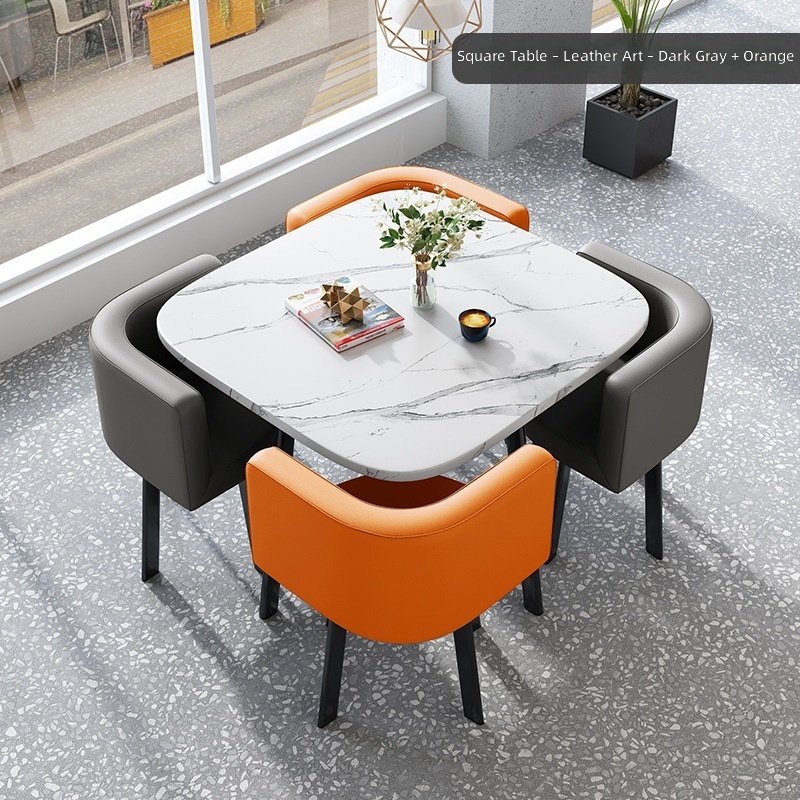 80 mesa cuadrada tipo piedra-2 piel gris oscuro-2 piel naranja