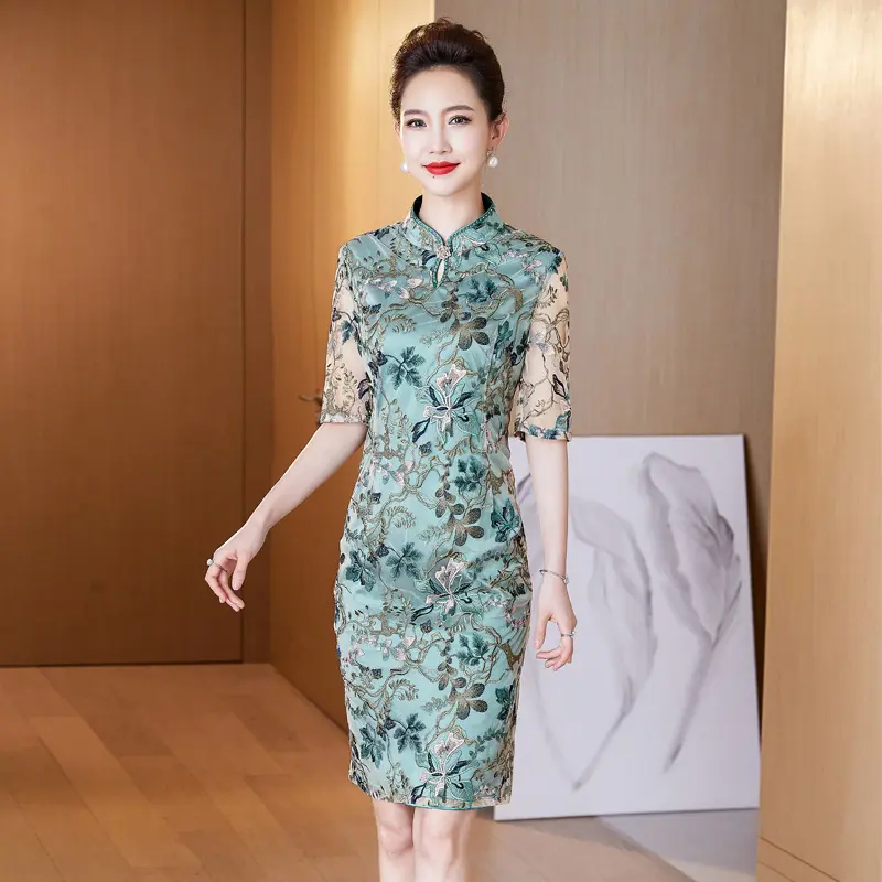 Cheongsam-vestidos de manga larga para madre de la novia, trajes informales de noche con cuello de pico, para invitados de fiesta de boda, 2022