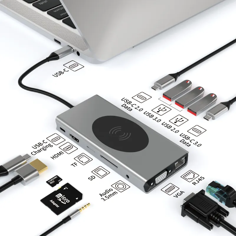 ماك بوك usb c محور 13 في 1 نوع-C إلى PD HD-MI SD TF AUDIO3.5 VGA RJ45 USB-C2.0 USB-C3.0 USB3.0 * 2 USB2.0 اللاسلكية شحن 15W