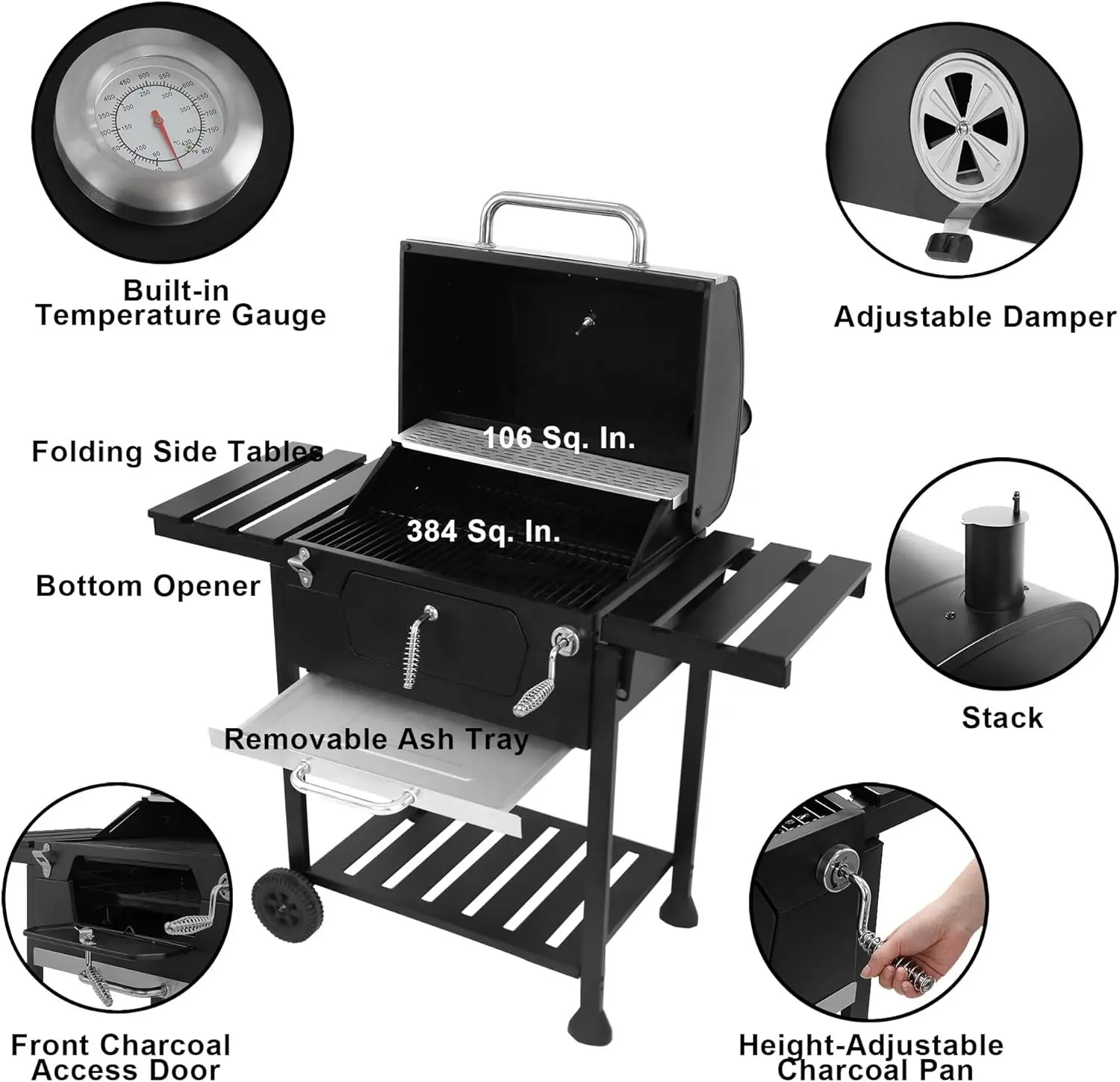 Hochleistungs-robuster Raucher grill Grill wagen Metall Stahl Holzkohle grill mit doppeltem Beistell tisch