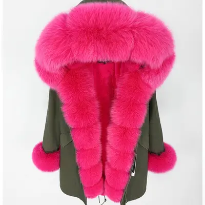 Drop Shipping Maomaokong Winter Coat Lining Parka Faux Fur Lined Outwear Real Fox Fur Collar Faux Fur Long Women Girls Ladies