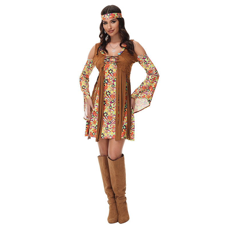 knee length dresses for ladies Ladies Groovy Hippie Costume Hippy 60s 70s Womens Fancy Dress Adult Ou