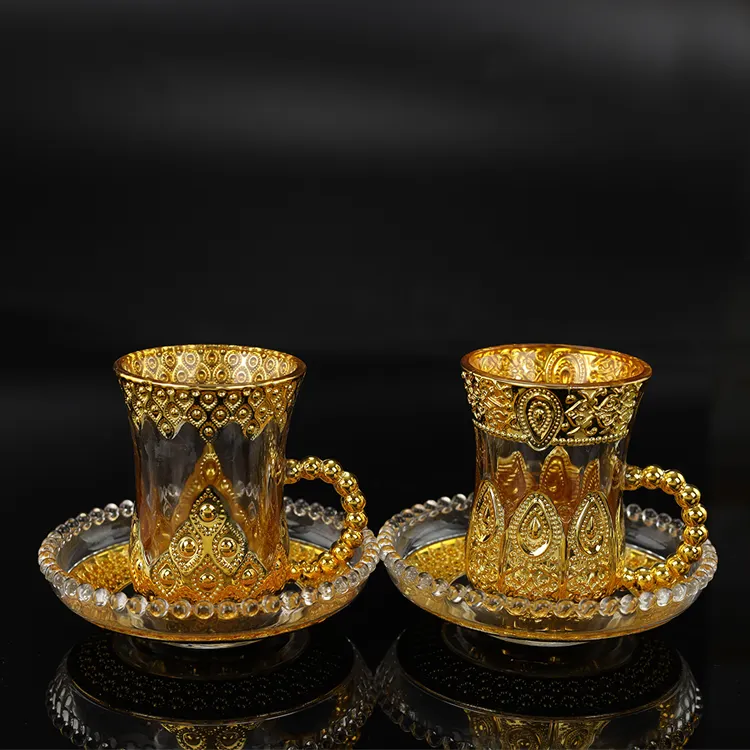 Vente en gros 12 pièces Style arabe irakien avec tasse à thé turque plaquée or et argent et ensembles de soucoupe tasse à café