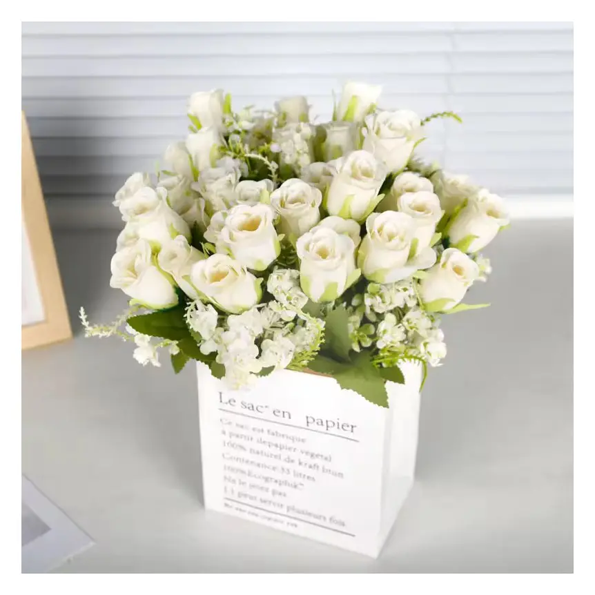 Arreglos de flores de seda de 4 cabezas blancas de un solo tallo, suministros de boda, ramo de flores de rosas artificiales con borde rizado, 2 unidades