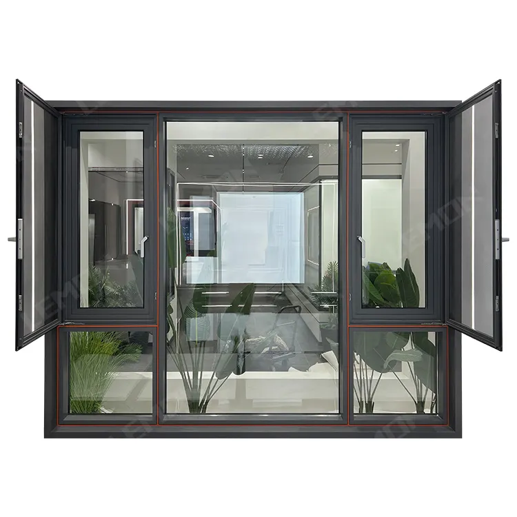 หน้าต่างบานเลื่อนอลูมิเนียมกระจกสองชั้นสีเทากระจกกันลมปรับแต่งได้พร้อมหน้าต่างตาข่ายกันขโมย