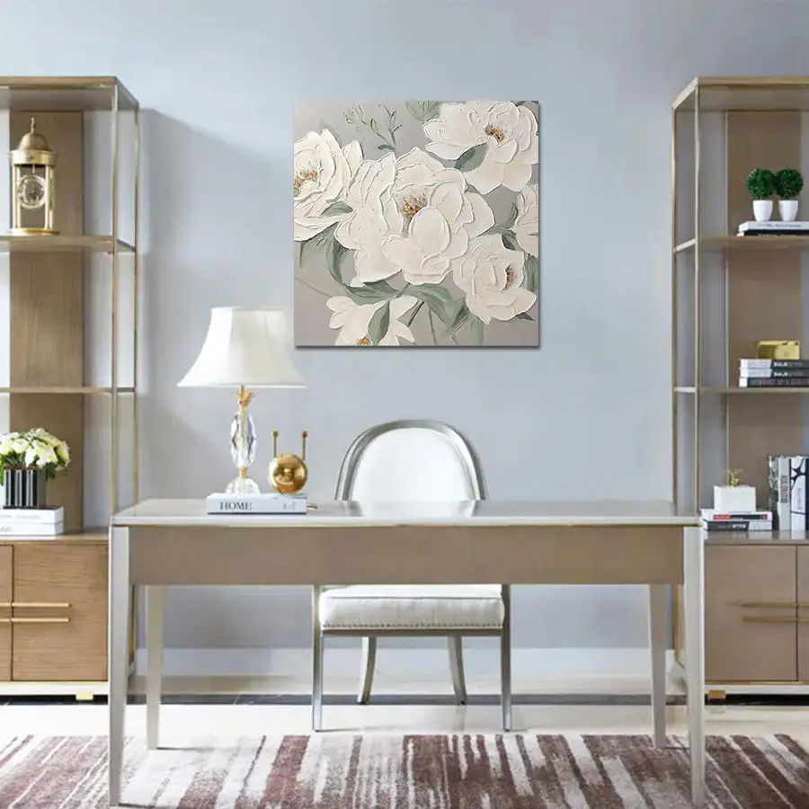 Originele Kunst Handgeschilderd Wit Bloemen Olieverfschilderij Op Canvas Aanpasbaar Voor Huis Woonkamer Muur Decor Moderne Stijl
