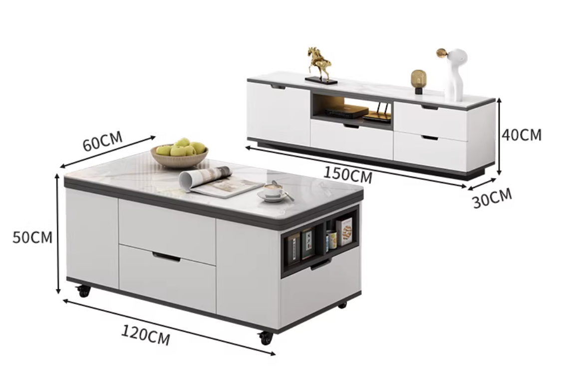 Ensemble TV 120+150 - Gris Foncé - Verre Blanc Neige - 2 Tabourets