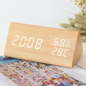 Wooden Alarm Clock Triangle Shaped <strong>Temperature</strong> Humidity LED <strong>Digital</strong> Wood Thermometer Time Wooden Clock Voice Control Desk Clock - Product Image 4