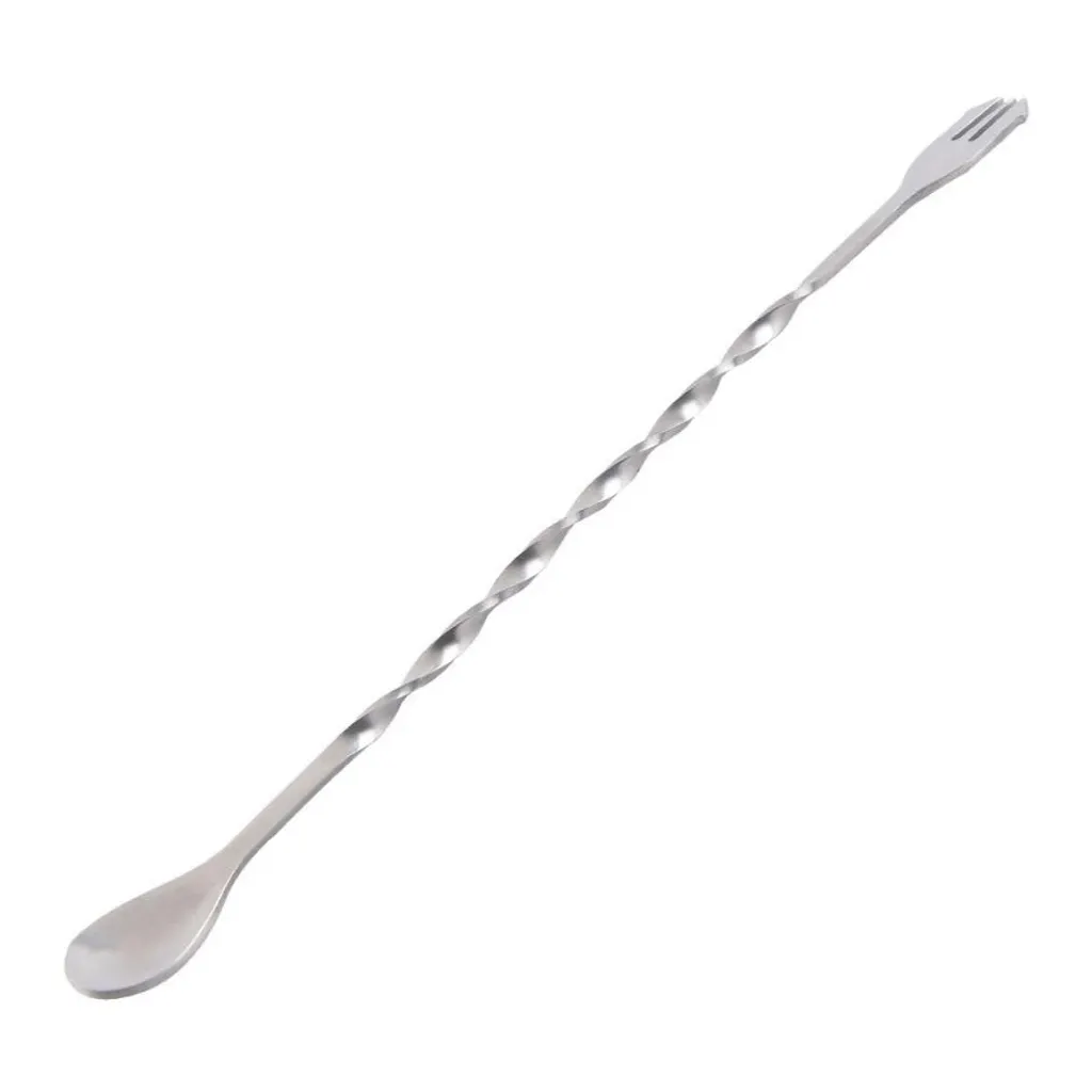 Grosir murah kustom pegangan panjang 32cm cocktail metal sticks stainless steel bar pengaduk kopi sendok teh dengan garpu