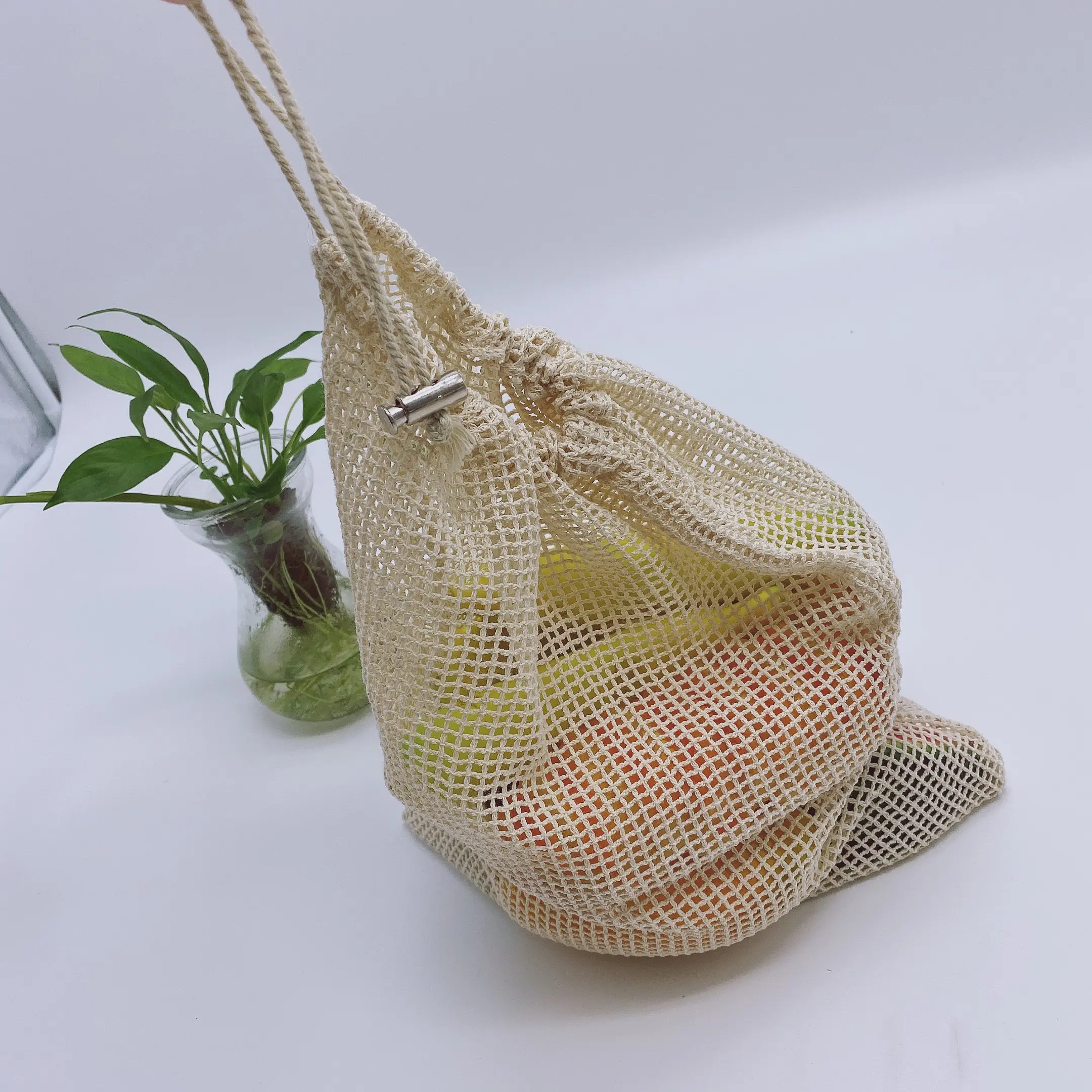Geri dönüşümlü kullanımlık küçük pamuklu kumaş üretmek örgü İpli çanta özel Logo