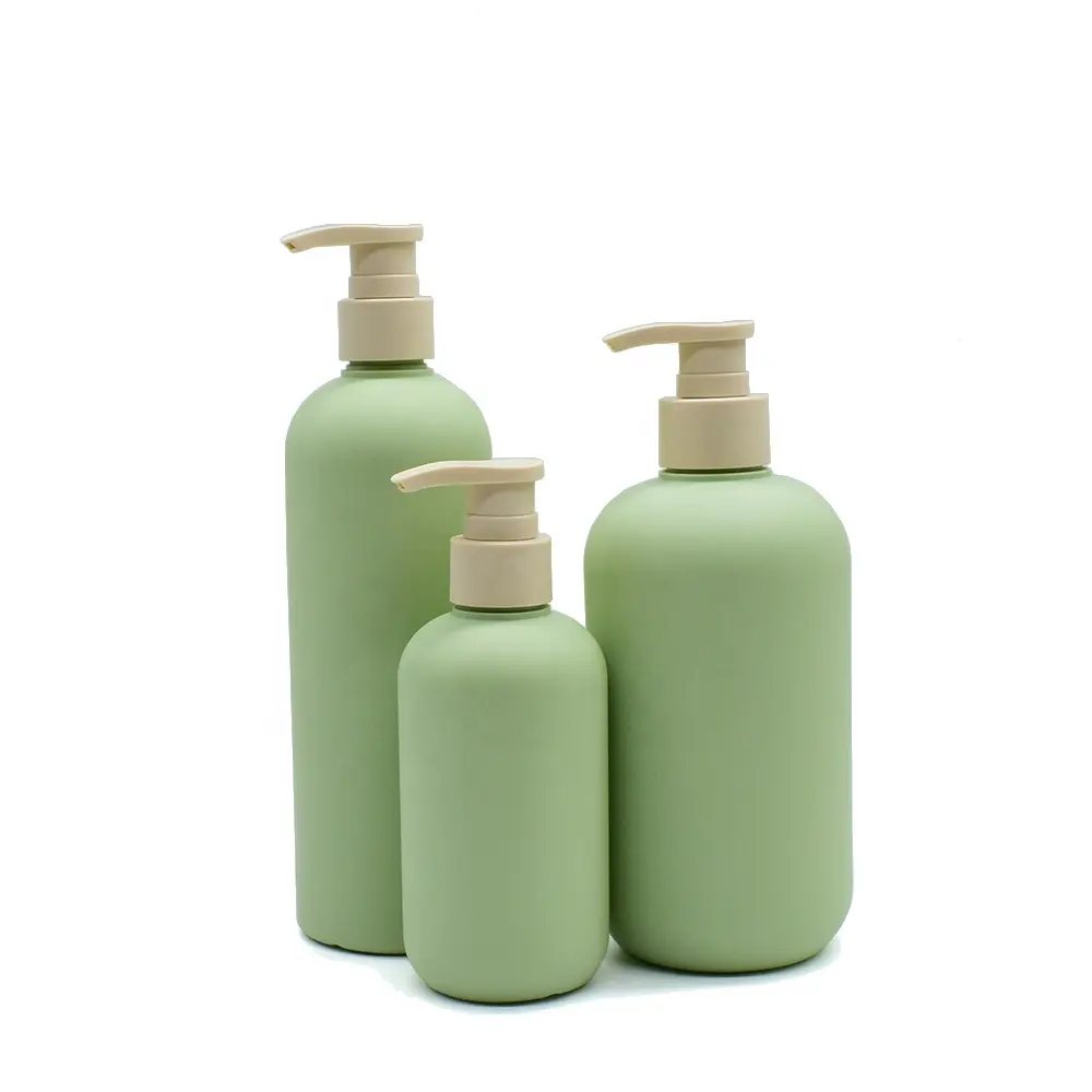 Bouteille en plastique PE vert avec bouchon de pompe de lotion 260ml 300ml conteneur de douche en plastique rechargeable