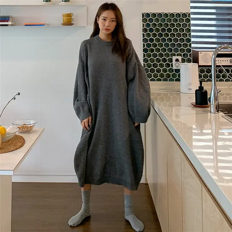 Jersey de estilo coreano de gran tamaño para mujer, suéteres largos tejidos, informales, gruesos, de talla grande, vestidos de invierno, novedad de 2021