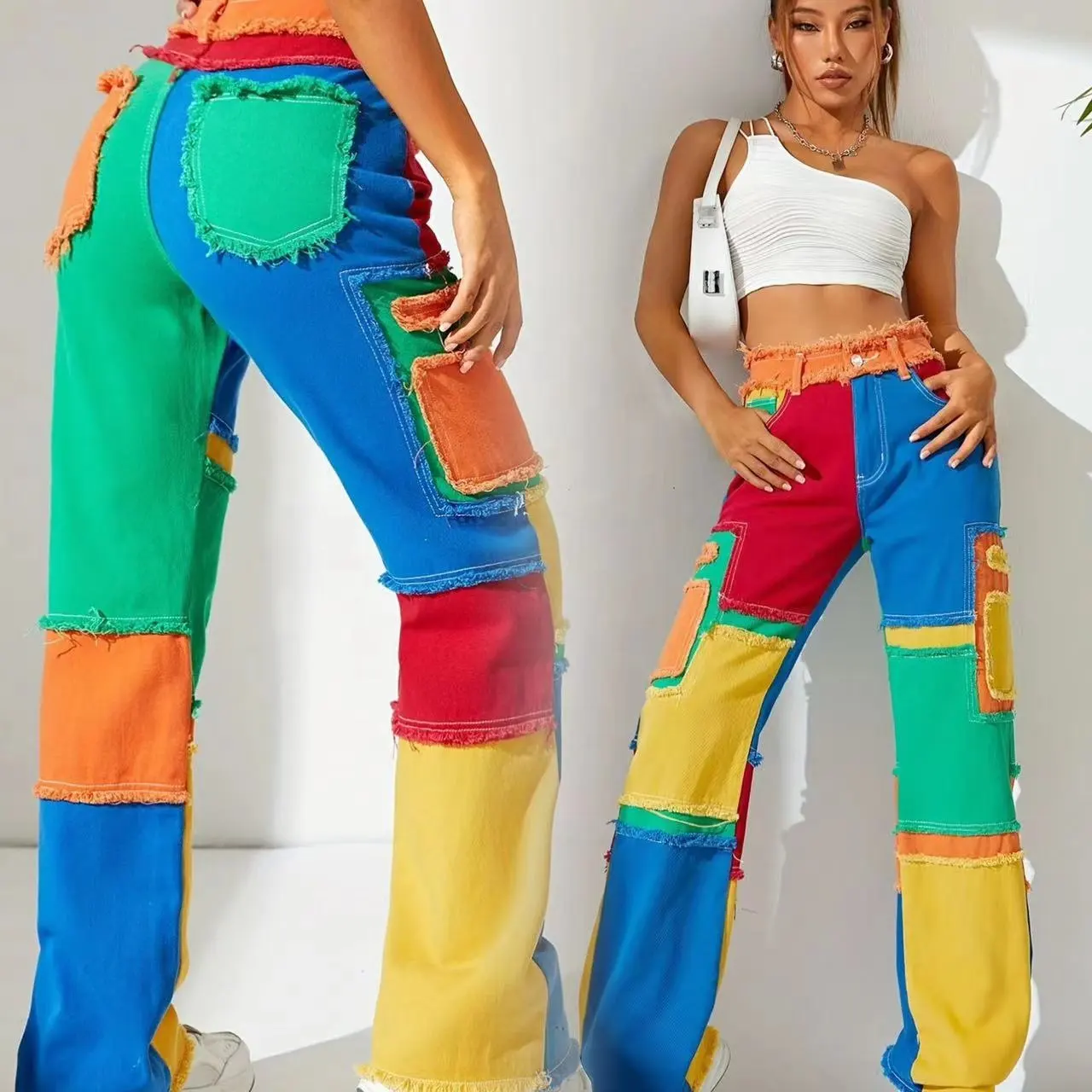Pantalones de mezclilla de algodón con retazos de bloque de color a la moda de calle alta, pantalones vaqueros holgados elegantes para mujer, pantalones cargo de cintura alta, ropa de calle