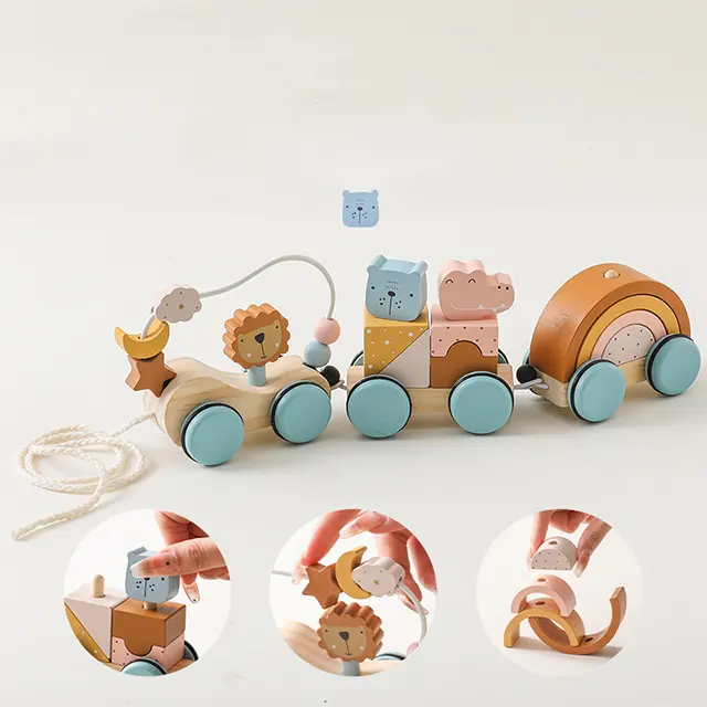 Children's wooden educational multifunctional trolley lion animal around the beads pull rope car hands-on brain toys