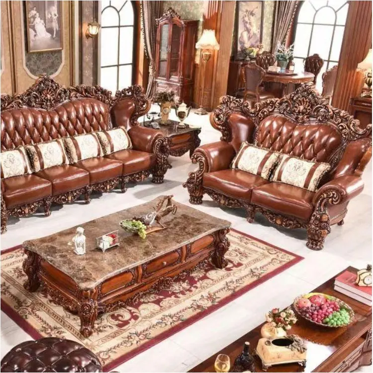Conjunto de sofás de cuero de diseño clásico para sala de estar, muebles de diseño, a bajo precio