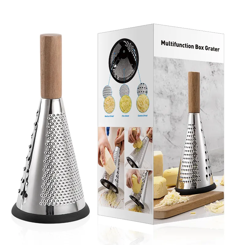 Rallador profesional de acero inoxidable para frutas y verduras, trituradora de queso con mango de madera, 3 lados