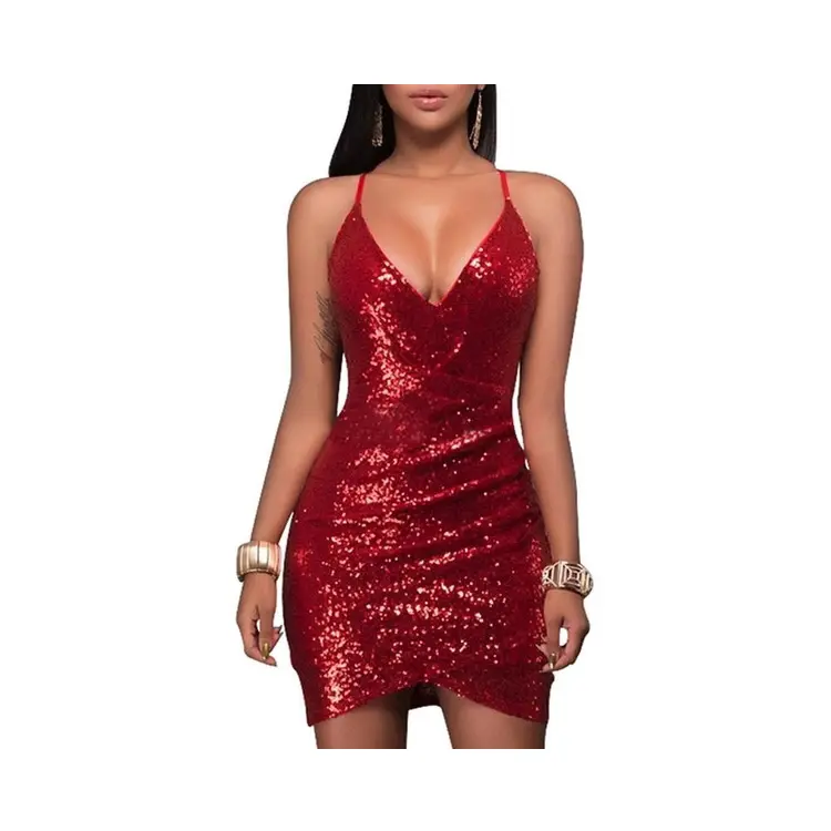 2023 yüksek kalite kırmızı düz ışıltılı pullu elbise kadın spagetti sapanlar Clubwear Mini balo kıyafetleri