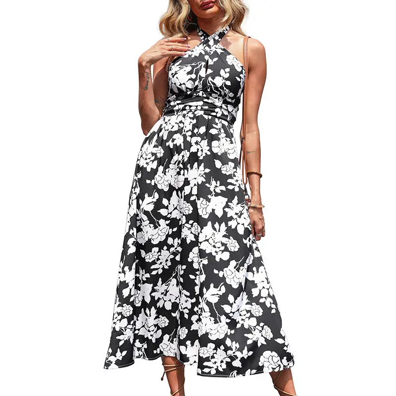 Venta al por mayor Sexy impresión Floral Halter vestido sin espalda Casual sin mangas de verano de playa Maxi largo Turquía las mujeres vestido de oficina