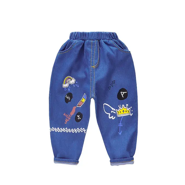 Calças jeans de desenho animado, calças de cintura elástica para meninos e meninas, venda quente