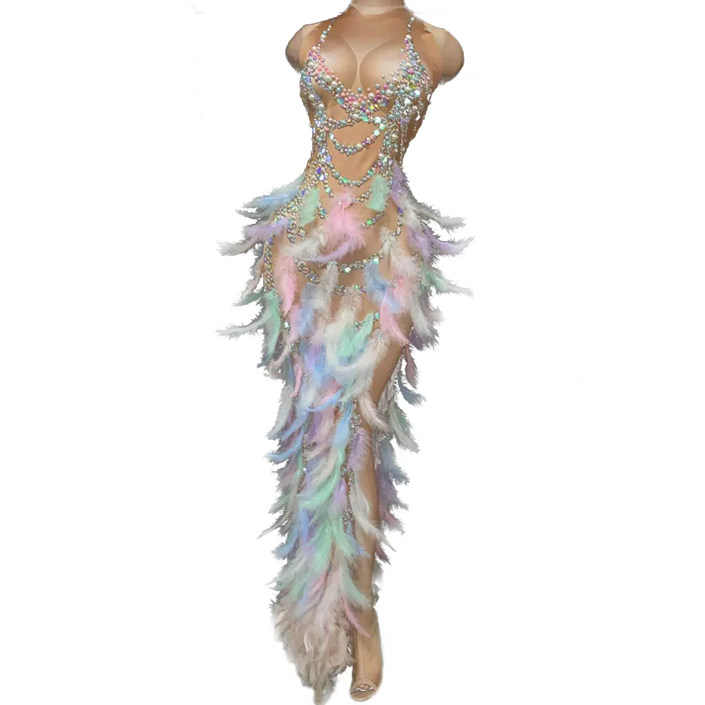 Mode Elastische Mouwloze Feather Rhinestone Nachtclub Bruiloft Jurk Vrouwen Hoge Split Avondjurken Stage Kostuums