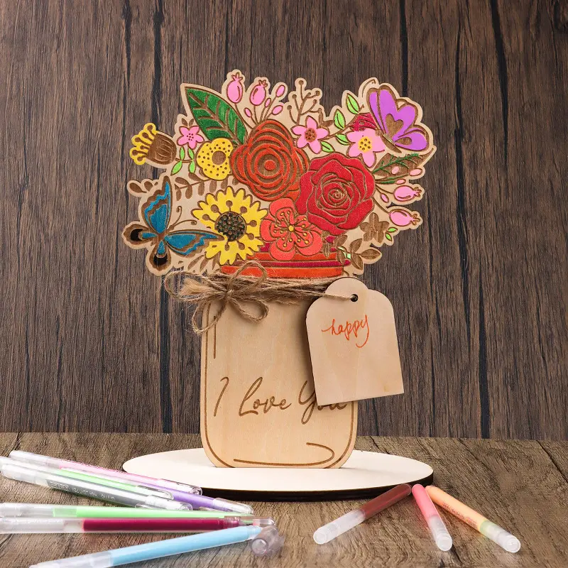DIY 나무 공예 나무 꽃 장식 레이저 빈 DIY 수제 꽃다발 어머니의 날 나무 빈 꽃 카드