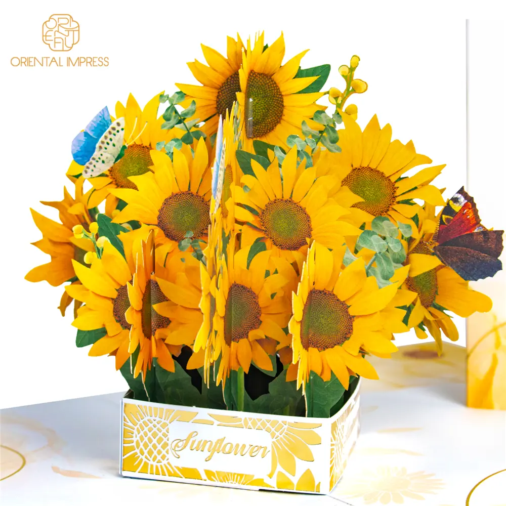 Biglietto di auguri per Bouquet Pop-Up con cesto di girasoli 3D con busta