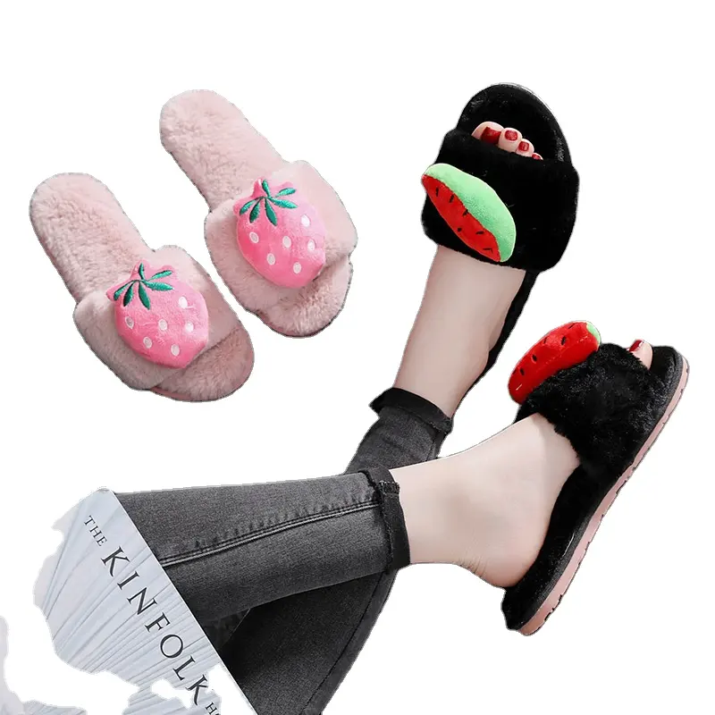 Pantofole pelose piatte nuove donne cartone scivoli di pelliccia di frutta Slip On beauty salon infradito donna carino punta aperta pantofole da casa