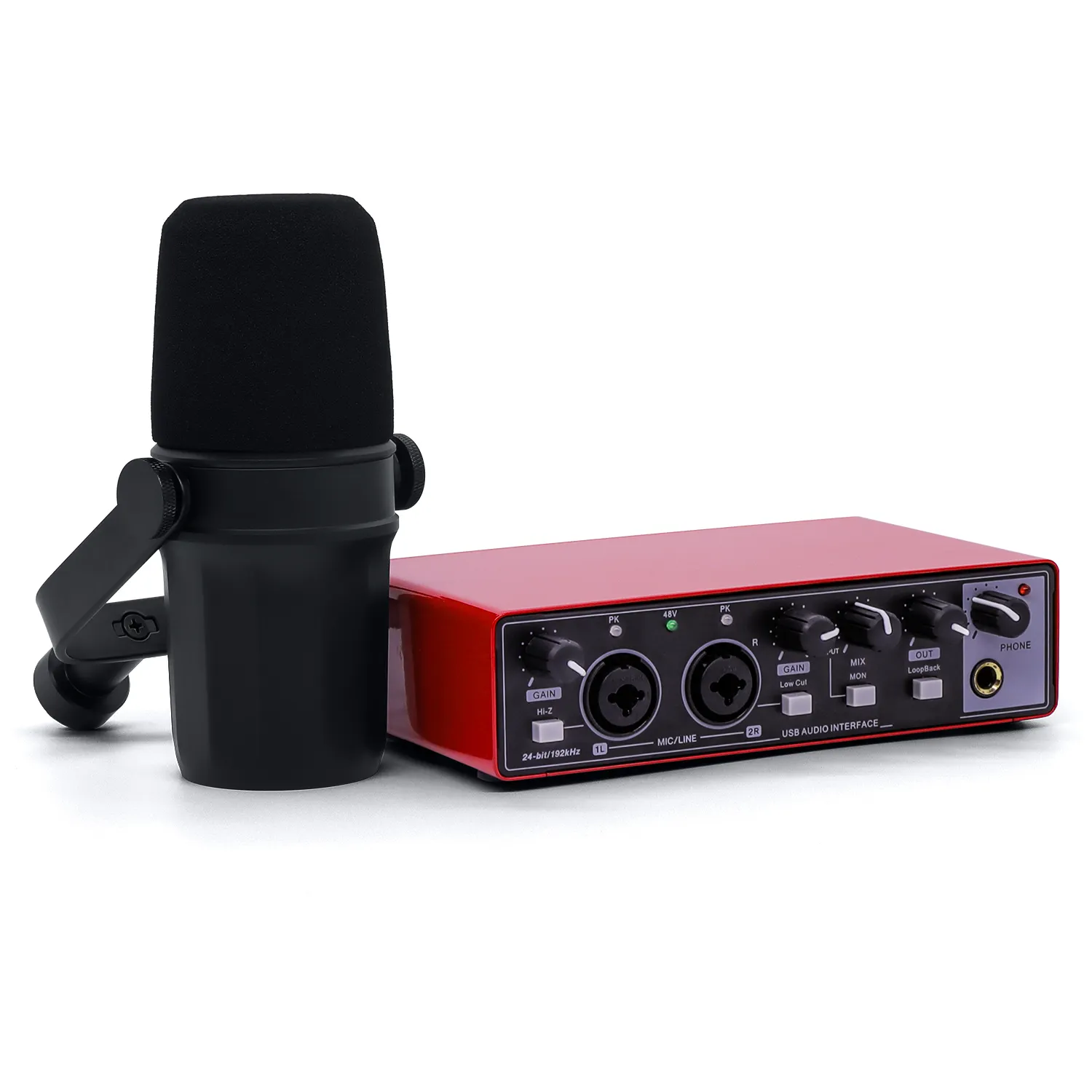 Profesional Podcast Kit Equipo Micrófono Rojo Negro Tarjeta de sonido Interfaz de audio Tarjeta de sonido
