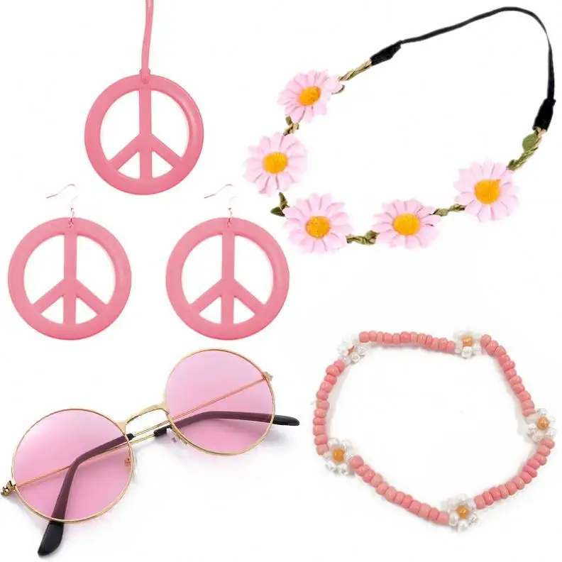 4 Uds. Conjunto Hippie Rosa pendientes de la paz corona de flores diadema y gafas de sol accesorios de los años 70 decoración de fiesta