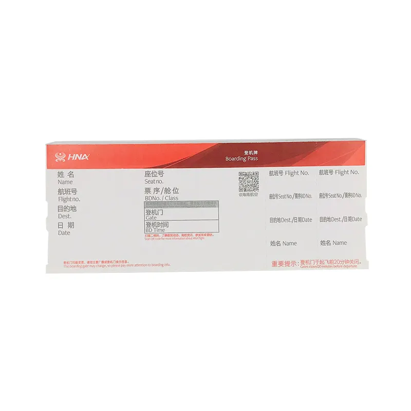Havayolu biniş için 180-210g özelleştirilmiş boyut geçiş giriş bilet etiket termal kağıt kartı