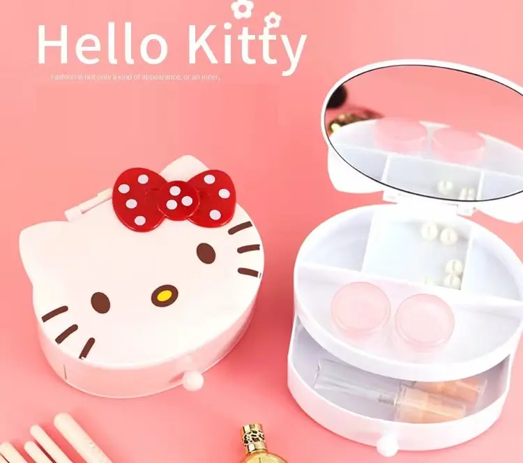 Specchio per il trucco con cassetto portagioie in plastica organizzatore per gioielli in fabbrica Hello Kitty personalizzato argento rotondo