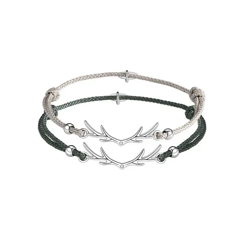 Pulseira inspiradora de joias para mulheres, pulseira de cordão de fábrica de moda simples flor prateada com chifre de veado animal e chifre de animal