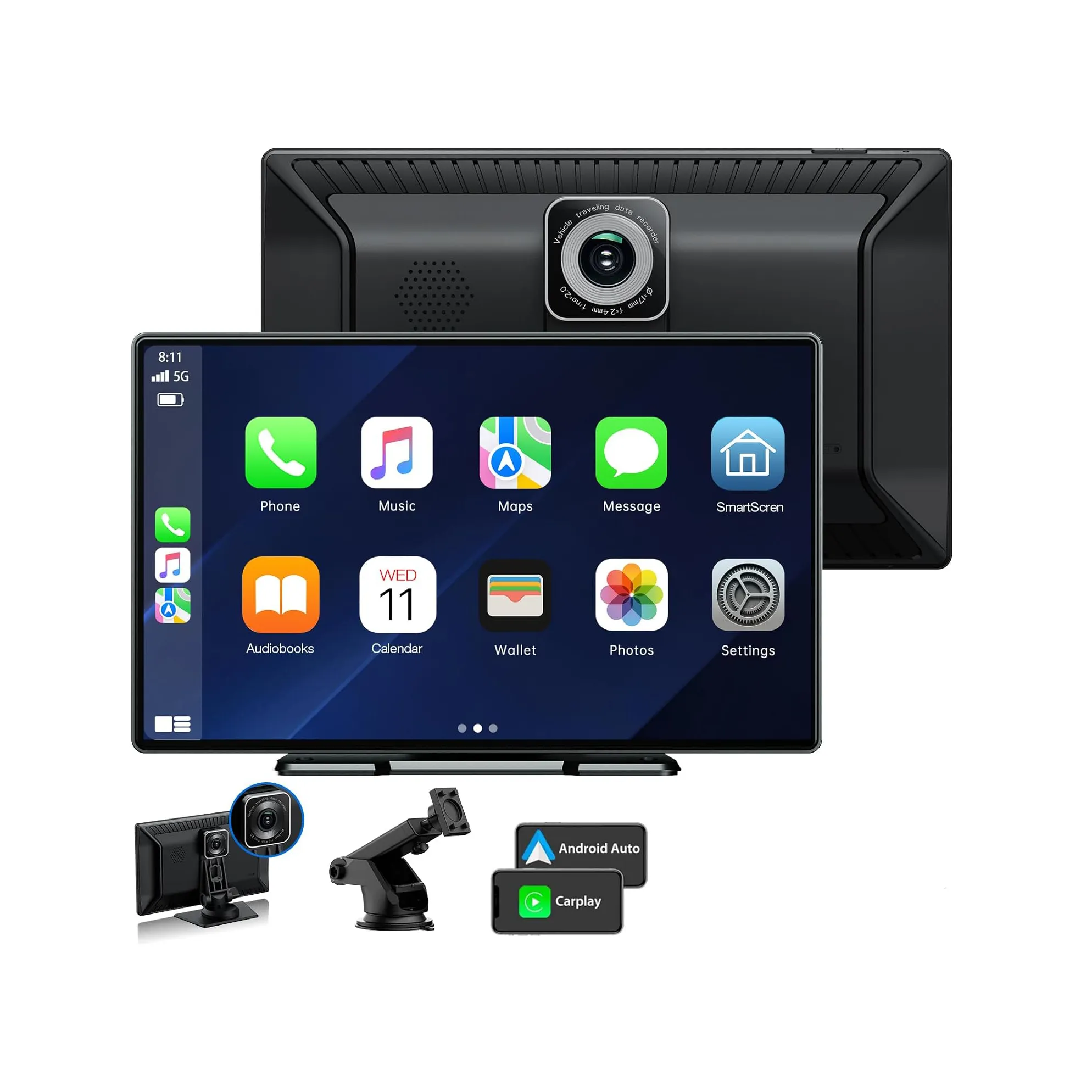 9 Zoll drahtlose Auto-Stereo Apple Carplay mit 2,5K Dash Cam 1080P Backup Kamera tragbarer Touchscreen GPS-Navigation