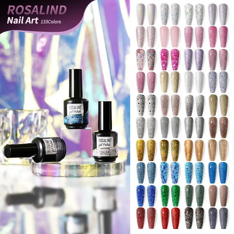ROSALIND kostenlose Probe 133 Farbe individuelles Logo Eigenmarke nachhaltiger Glitter 15 ml UV-Gel Nagellack für Nagelzubehör-Salon