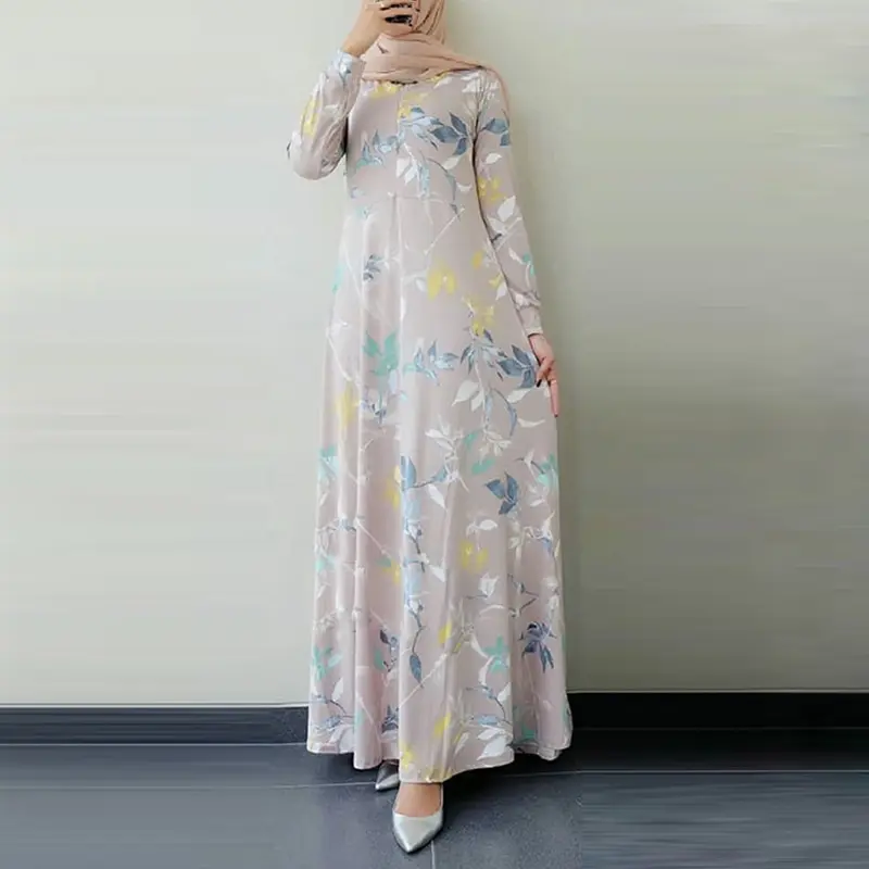 Vêtements islamiques vintage femmes col rond robe florale grande taille imprimé grand ourlet robe usine en gros