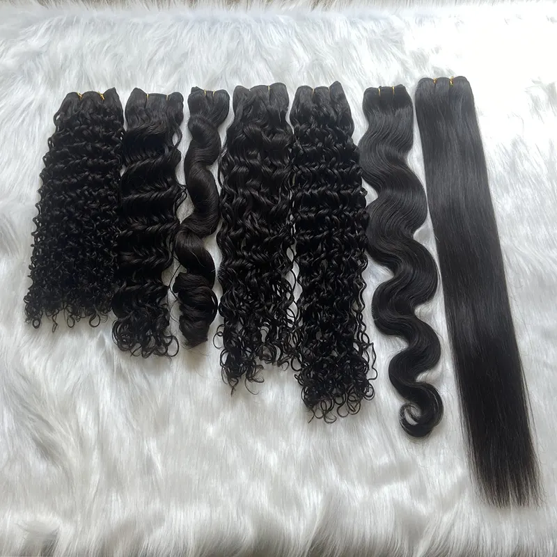Mezcla 9a-Extensión de cabello rizado personalizado fumi, cabello humano ondulado con cierre o frontal, venta al por mayor de fábrica