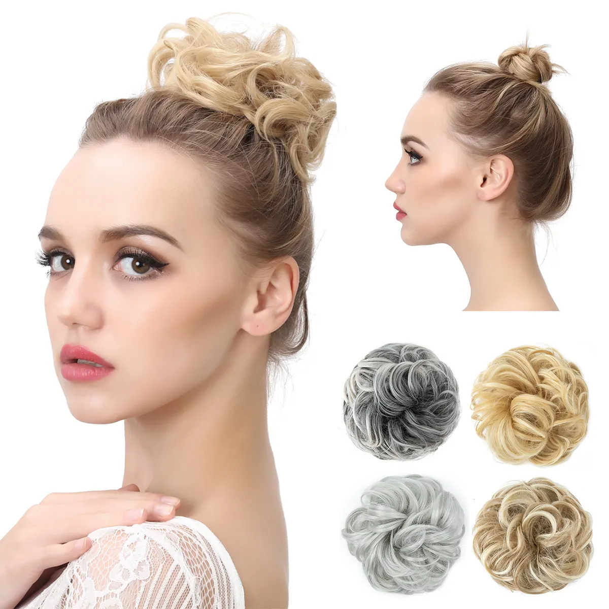 Coiffures d'été Chignon en gros Cheveux Bouclés Chignon en forme de beignet Extensions synthétiques élastiques faciles et désordonnées Chignon pour femmes blanches