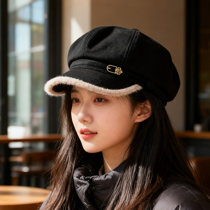 C5842 fleece suede buckle octagonal cap black