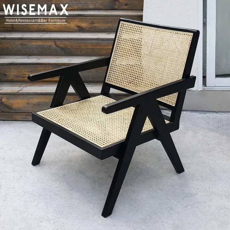 WISEMAX FURNITURE Scandinavian contemporary sitting room furniture balcony ash wood black cane wicker armrest leisure chair